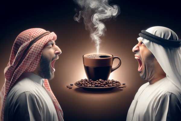 two men yawning at a cup of coffee